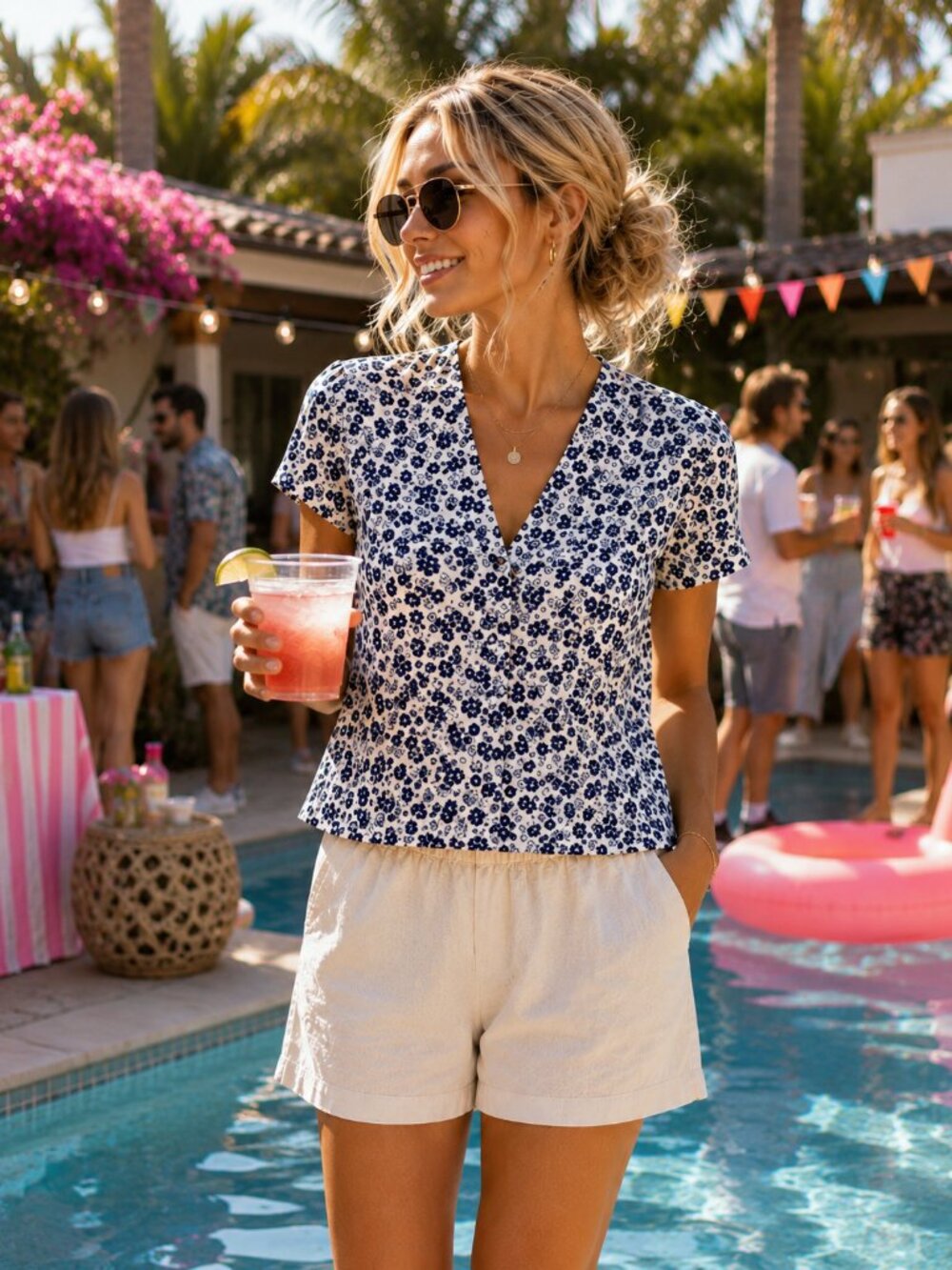 GAP Navy Floral V-Neck Top on White